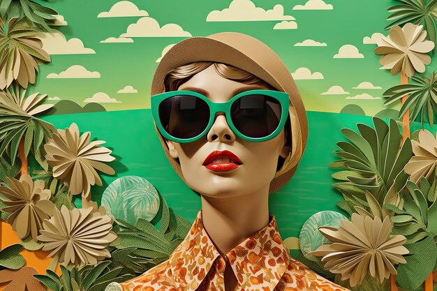 Un'illustrazione di un annuncio pubblicitario con una spiaggia e una donna in occhiali da sole su uno sfondo verde nello stile di paesaggi collage surreali realizzati in cartone IA generativa