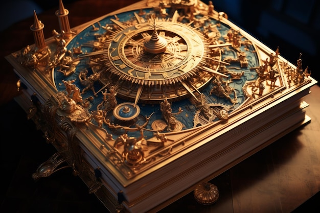 Un'illustrazione di un astrolabio d'oro elaborato con intagli intricati e uno sfondo blu