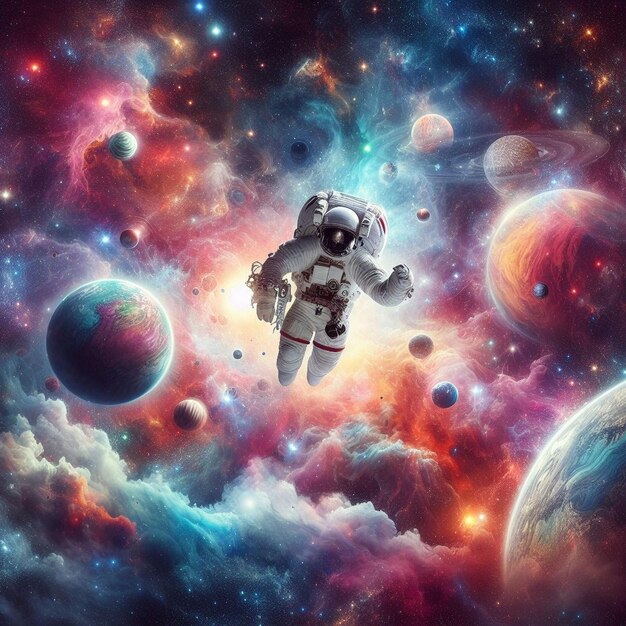 Un'illustrazione di un astronauta in uno spazio colorato