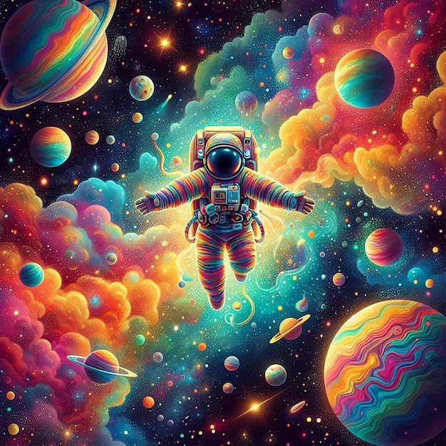 Un'illustrazione di un astronauta in uno spazio colorato