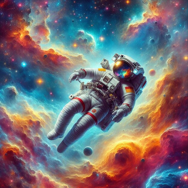 Un'illustrazione di un astronauta in uno spazio colorato