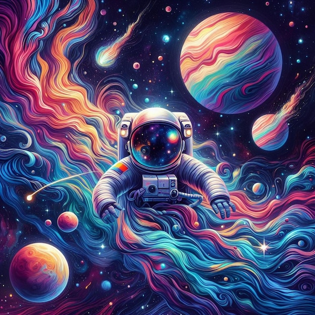 Un'illustrazione di un astronauta in uno spazio colorato