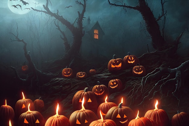 Un'illustrazione di un bosco di Halloween nebbioso spettrale pieno di zucche jackolantern