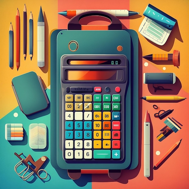 Un'illustrazione di un calcolatore con molti oggetti compreso i rifornimenti di scuola.