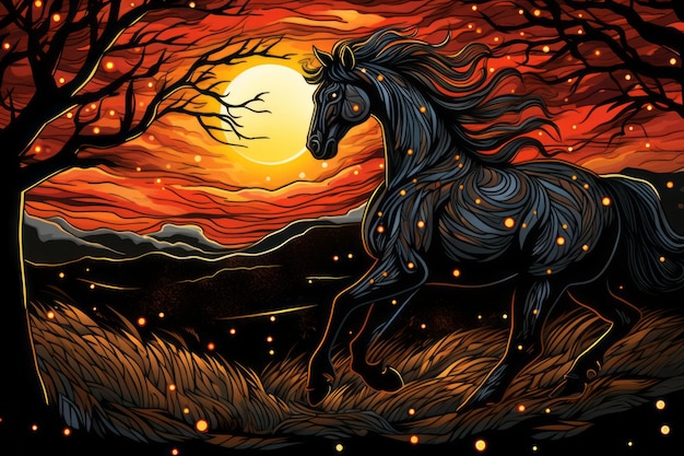 un'illustrazione di un cavallo che corre nella foresta al tramonto