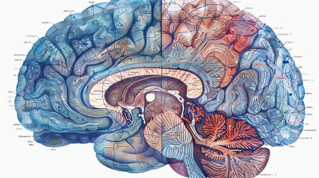 Un'illustrazione di un cervello umano con etichette dettagliate delle sue varie regioni e funzioni