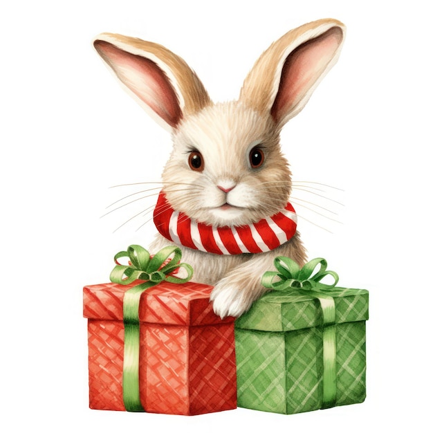 un'illustrazione di un coniglietto carino con regali di Natale isolatoun'illustrazione di un coniglio carino