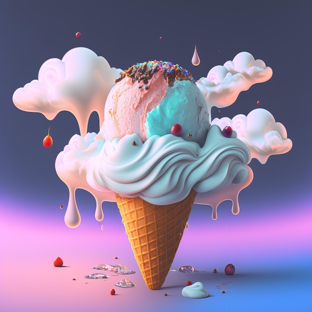 Un'illustrazione di un cono con sopra un gelato blu e rosa.