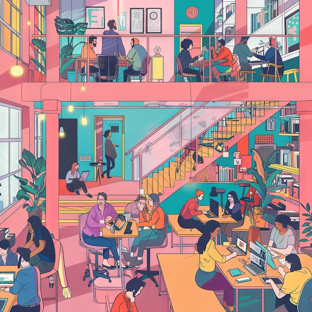 un'illustrazione di un coworking con molte persone