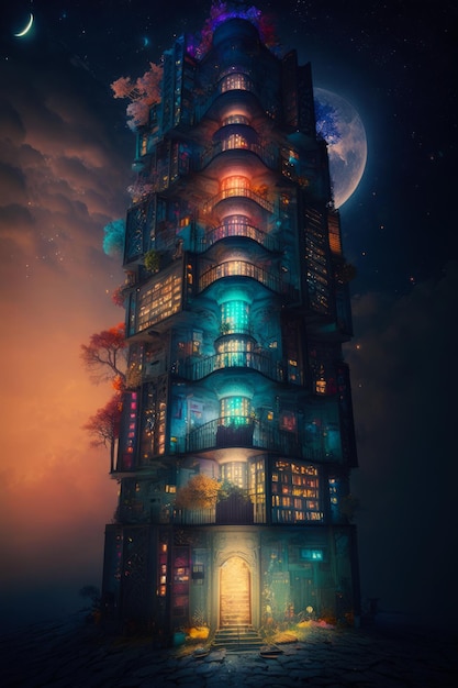 Un'illustrazione di un edificio alto di notte IA generativa