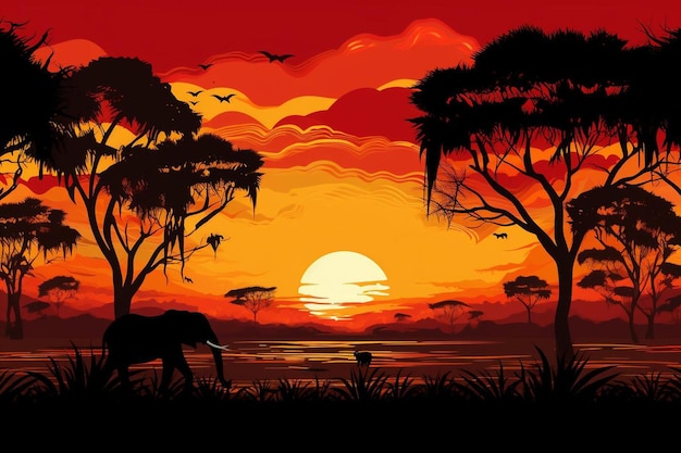 Un'illustrazione di un elefante e il sole sullo sfondo.