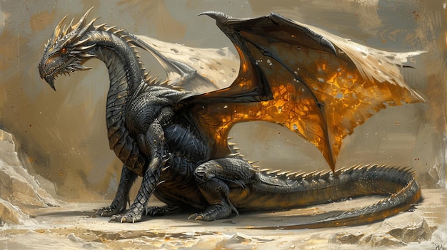 Un'illustrazione di un feroce drago nero alato da una storia di fantasia
