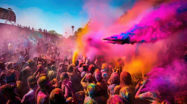 un'illustrazione di un festival colorato con persone che indossano tinte colorate