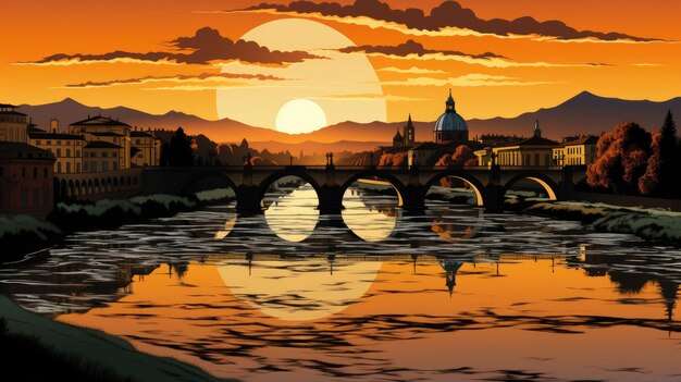 Un'illustrazione di un fiume e di un ponte al tramonto