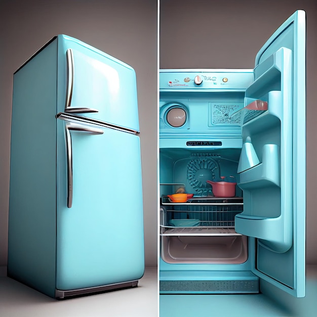 Un'illustrazione di un frigorifero e di un frigorifero aperto
