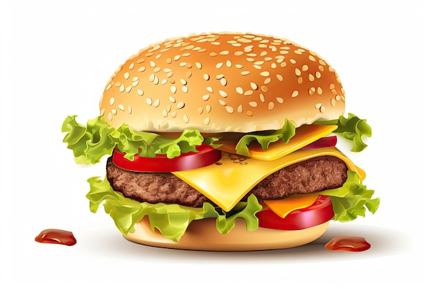 Un'illustrazione di un hamburger con formaggio, pomodoro e lattuga.