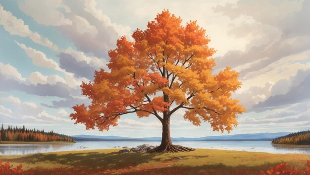 Un'illustrazione di un maestoso albero d'autunno adornato da fogliame vibrante e bagnato dalle tonalità calde