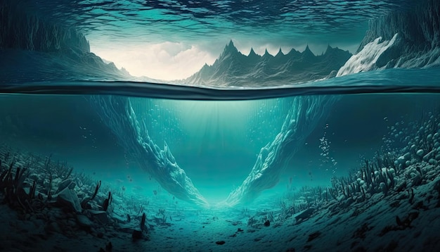 Un'illustrazione di un oceano ghiacciato con le montagne sullo sfondo.