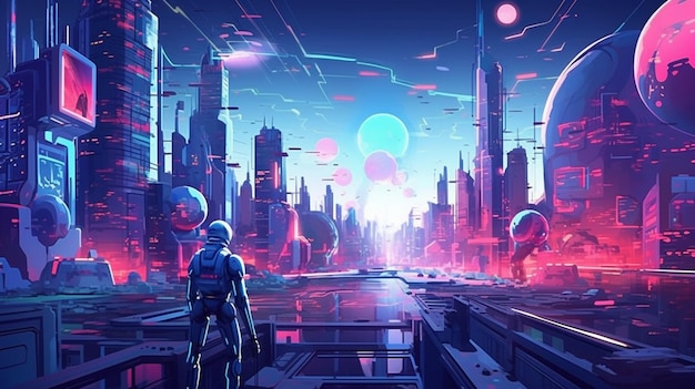 Un'illustrazione di un paesaggio futuristico della città cibernetica con sfondo di colori al neon di robot