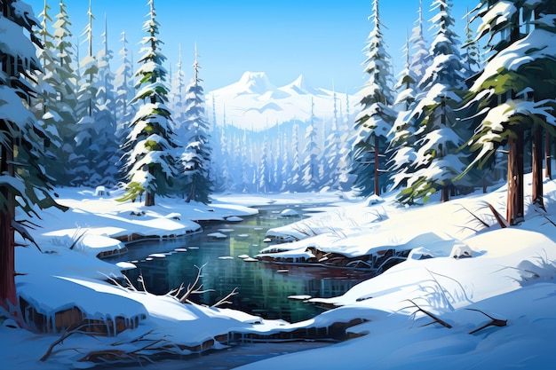 un'illustrazione di un paesaggio innevato con alberi e un fiume