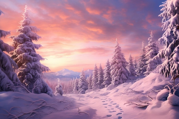 un'illustrazione di un paesaggio innevato con impronte nella neve