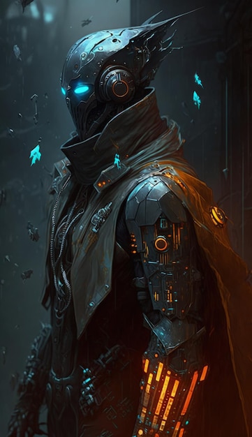 Un'illustrazione di un personaggio mech guerriero cyborg del futuro