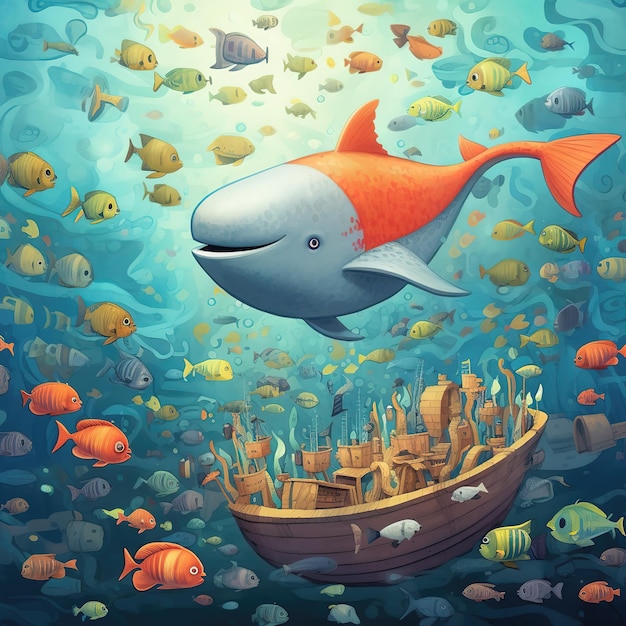 Un'illustrazione di un pesce e una balena sott'acqua