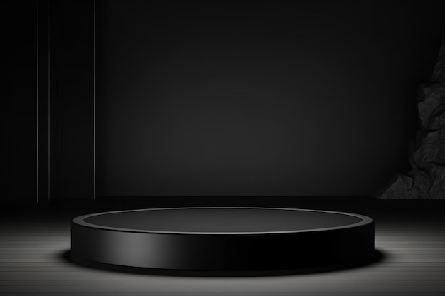 Un'illustrazione di un podio rotondo nero su uno sfondo scuro per la presentazione del prodotto