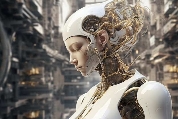 un'illustrazione di un robot femminile in stile futuristico oro chiaro e bianco connessioni umane murales di piegatura della mente