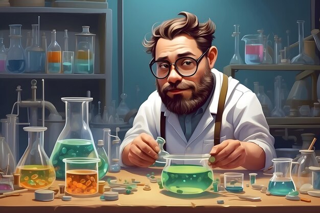 Un'illustrazione di un tavolo di chimici in laboratorio con diversi flaconi