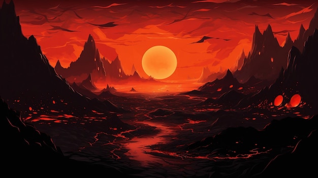 Un'illustrazione di un tramonto rosso e arancione con una montagna sullo sfondo Generato dall'intelligenza artificiale