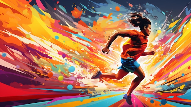 un'illustrazione di un uomo che corre in uno stile dai colori vivaci padroneggia rendering realistici e iperdettagliati
