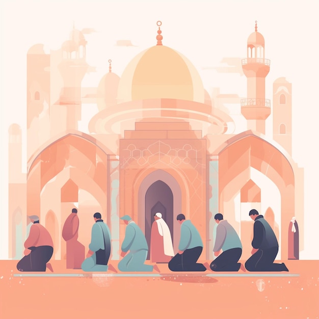 Un'illustrazione di un uomo inginocchiato davanti a una moschea Capodanno islamico