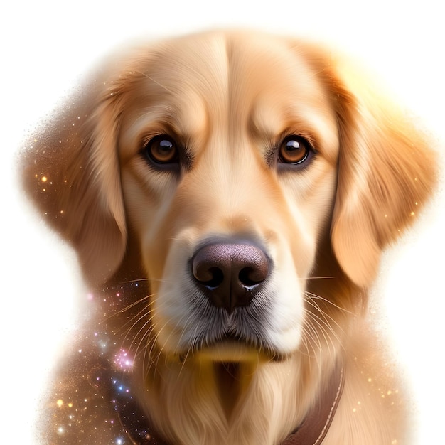 Un'illustrazione di un volto di golden retriever con una pelliccia dettagliata, occhi marroni espressivi e un n nero