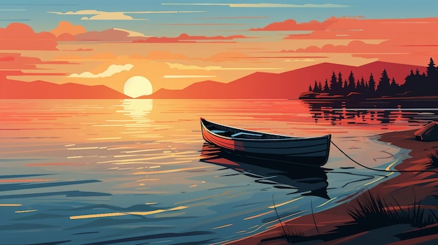 Un'illustrazione di una barca nel fiume al tramonto