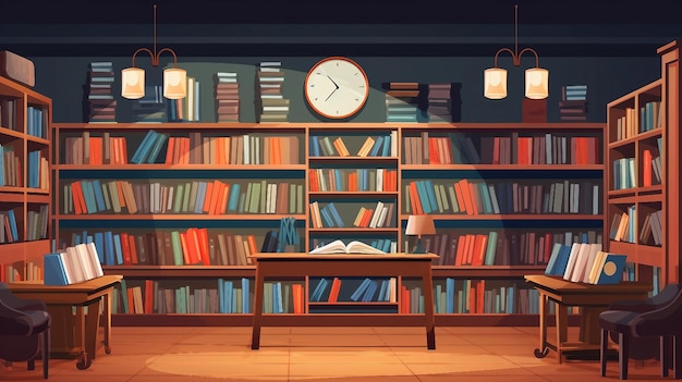 Un'illustrazione di una biblioteca con scaffali e un orologio generato dall'intelligenza artificiale