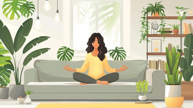 Un'illustrazione di una donna che medita a casa