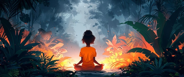 un'illustrazione di una donna che medita nella giungla nello stile di una palette di colori caldi poster romantici paesaggi fluviali ambiziosi eleganti e stilizzati AI generativa