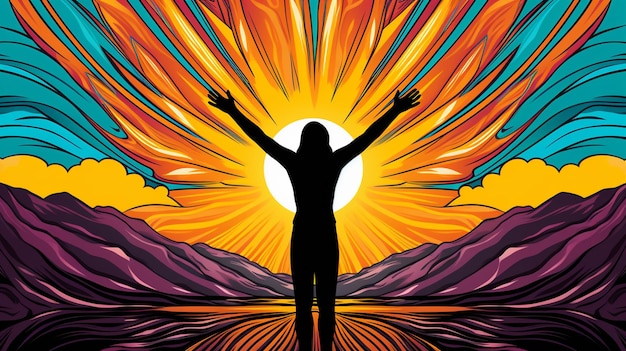 un'illustrazione di una donna con le braccia alzate in aria con il sole dietro di lei.