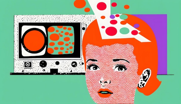 Un'illustrazione di una donna con una tv sopra