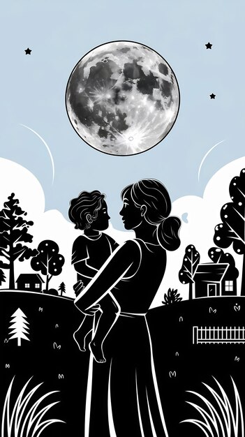 Un'illustrazione di una donna e un bambino che guardano la luna