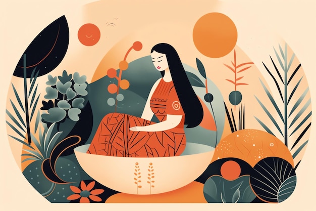 Un'illustrazione di una donna in una ciotola con piante e fiori.