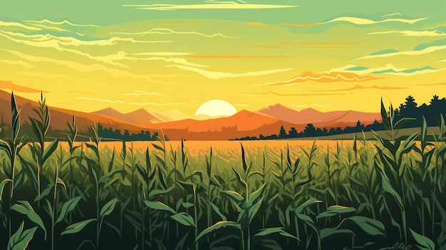 Un'illustrazione di una fattoria con un tramonto sullo sfondo AI Generato