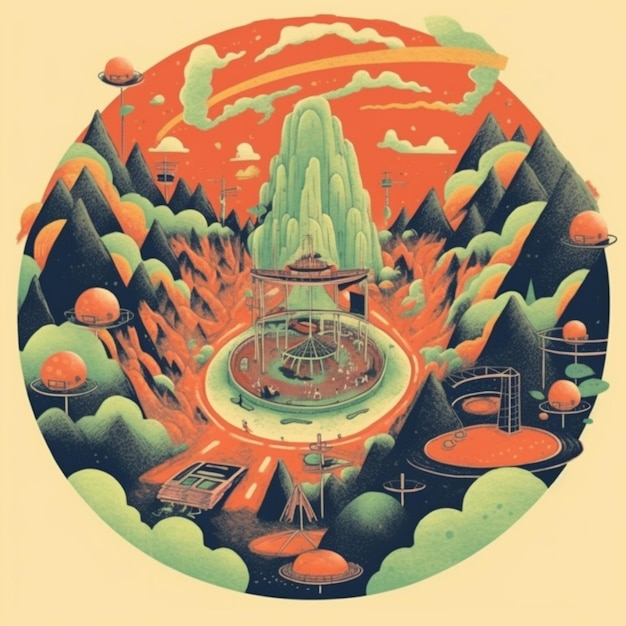 Un'illustrazione di una fontana con una cupola verde e un cerchio rosso con le parole "la fontana"