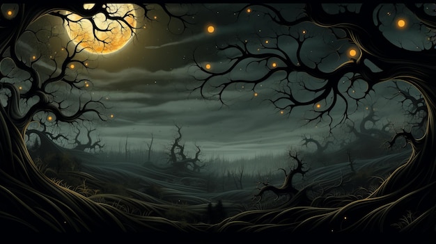 un'illustrazione di una foresta buia di notte con una luna piena sullo sfondo