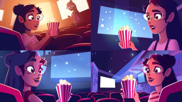 Un'illustrazione di una giovane donna con un secchio di popcorn seduta in una sala da cinema buia che guarda un film interessante Questo è un set di volantini di cartoni animati per una serata di cinema