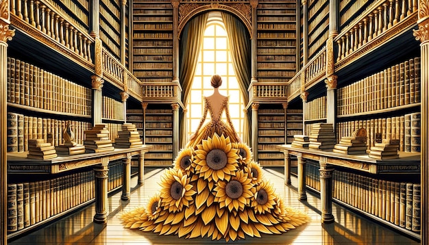 Un'illustrazione di una grande biblioteca con libri dal bordo dorato con una donna al centro che indossa un abito ispirato ai girasoli Generato dall'intelligenza artificiale
