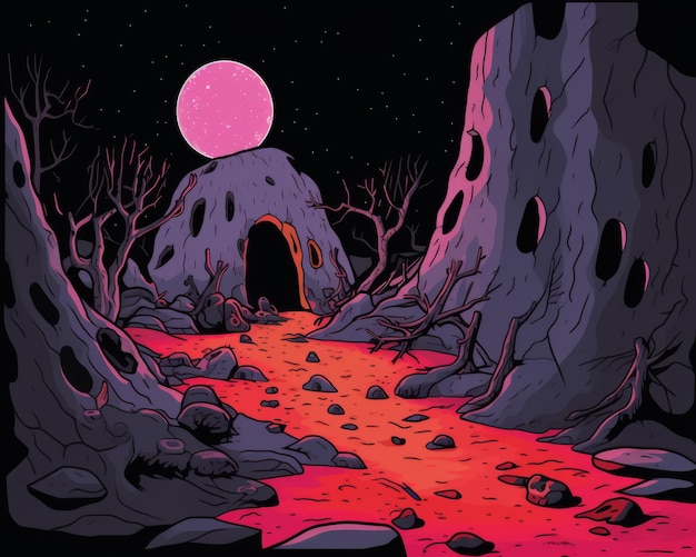 un'illustrazione di una grotta con una luna rossa sullo sfondo