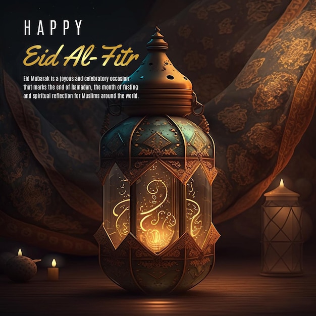 Un'illustrazione di una lanterna con le parole happy eid al - in forma su di essa.