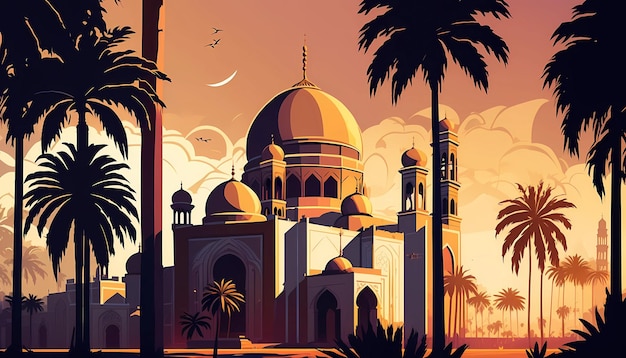 Un'illustrazione di una moschea con un'illustrazione di arte digitale a cupola dorata